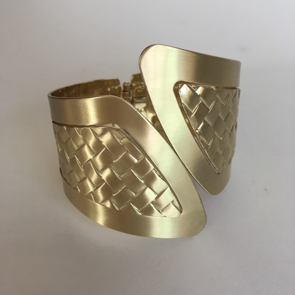 Brushed Gold Woven Pattern Angular Cuff Bracelet - image 8